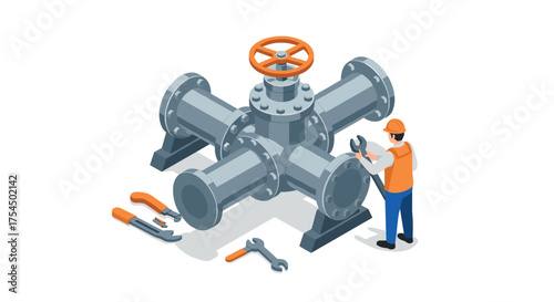 Isometric industrial worker repairing large pipeline intersection with tools