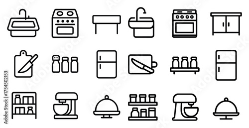 Kitchen essentials outline icons set – minimalist, homeware, culinary symbols collection