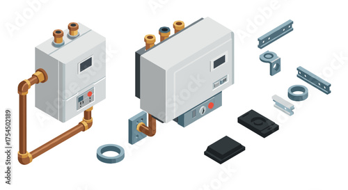 Isometric boiler components modern heating system assembly