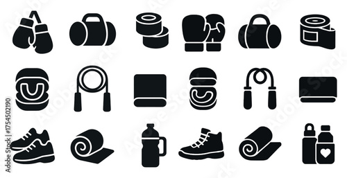 Boxing and fitness solid icons set – gym, workout, combat symbol collection