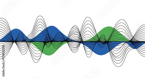 Abstract visualization of blue and green sound waves on a white background.