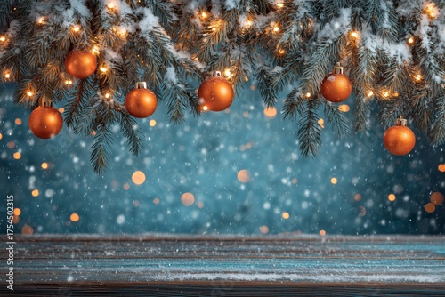 Snowy Christmas Background with Orange Baubles and Fir Branches