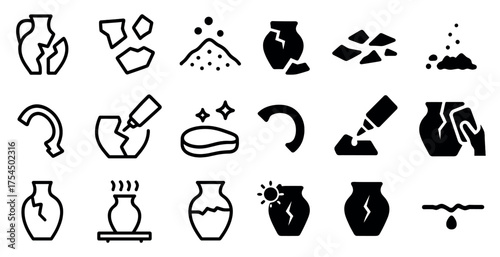Kintsugi outline icons set – ceramic, repair and craftsmanship symbols