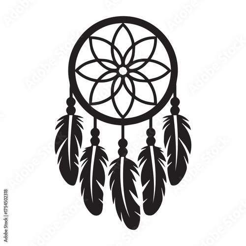 Dreamcatcher Silhouette Vector. Tribal Boho Dream Catcher with Feathers.