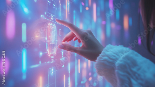 Innovative interaction with futuristic technology as a woman touches glowing digital screen, perfect for illustrating cutting-edge concepts and modern interfaces