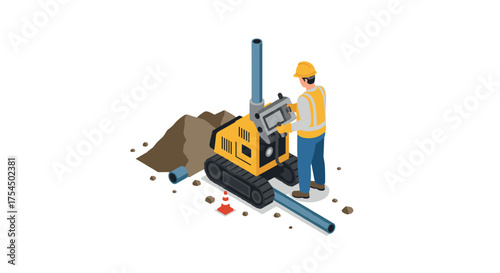 Construction worker operating machinery for pipe installation in isometric style
