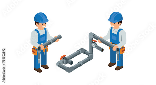 Isometric plumbers building pipe system with tools and safety gear