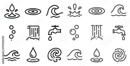 Water theme outline icons set – linear, line, aquatic and fluid symbols