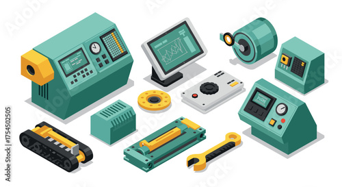 Isometric industrial equipment set with control panels and machinery components