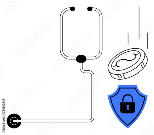 Stethoscope connected to shield with lock beside a falling coin, representing financial health, protection, and security. Ideal for healthcare, finance, insurance, savings, investments healthcare