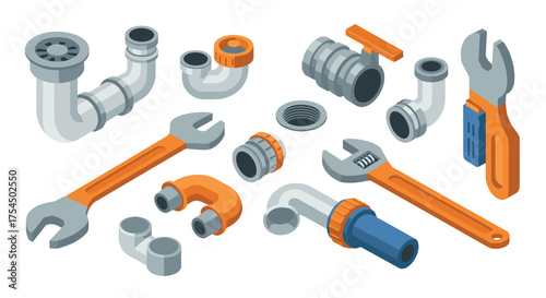 Isometric plumbing tools and pipe fittings set for home repair and maintenance
