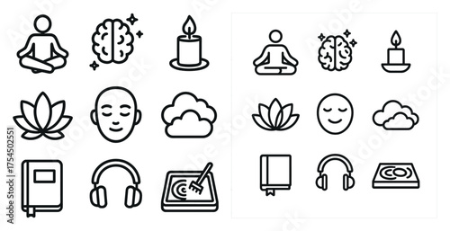 Mindfulness and meditation outline icons set – linear, zen, wellness symbols