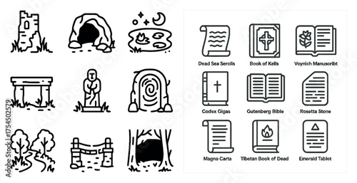Ancient history outline icons set – linear, historic, archaeology symbols