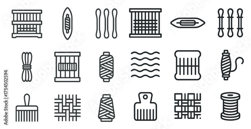 Weaving and sewing linear icons set – outline, thread, textile design symbols