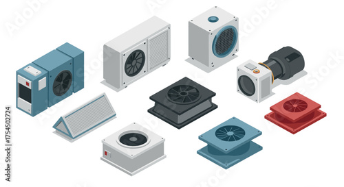 Isometric collection of hvac ventilation equipment for industrial and home systems