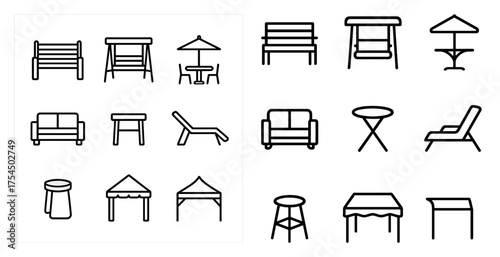 Outdoor furniture line icons set – chairs, tables, and patio decor symbols
