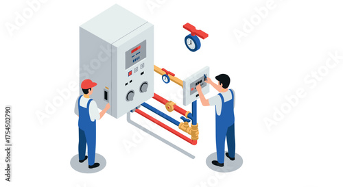 Professional technicians installing modern heating system with boiler and controls in isometric style