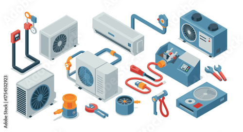 Isometric hvac equipment collection air conditioners and tools set