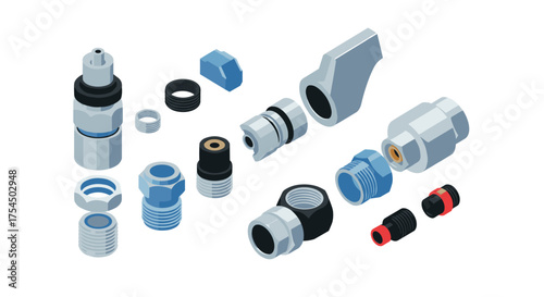 Isometric pneumatic fittings and connectors set in blue