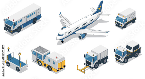 Isometric airport vehicles and airplane set in blue and white design