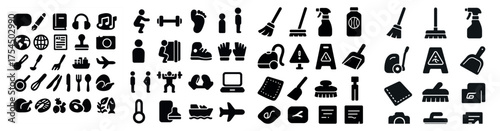 Home and lifestyle solid icons set – silhouette, filled, cleaning and leisure symbols