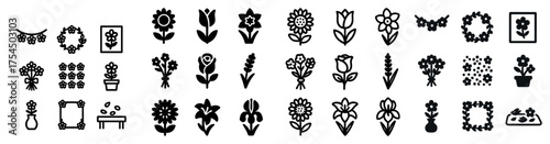 Floral design silhouette icons set – garden, blossom, plant symbols
