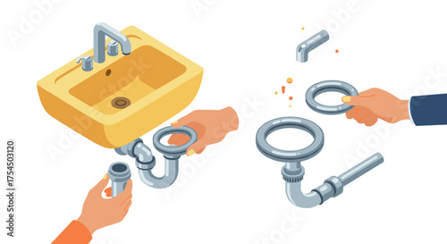 Isometric plumbing installation with yellow sink and hands assembling pipes