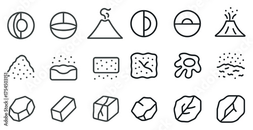 Geology and volcanic outline icons set – line, earth science, rock formations