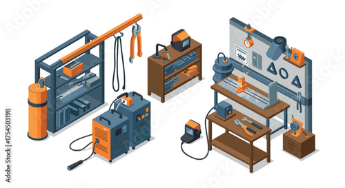 Isometric workshop tools and equipment setup in a modern industrial design