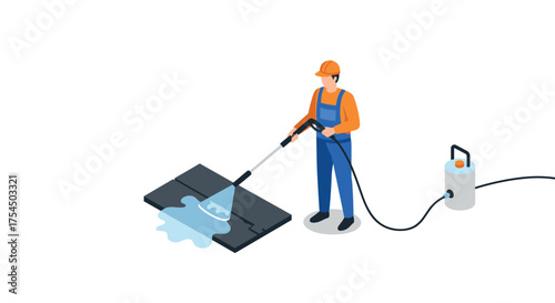 Isometric worker using pressure washer to clean floor in safety gear