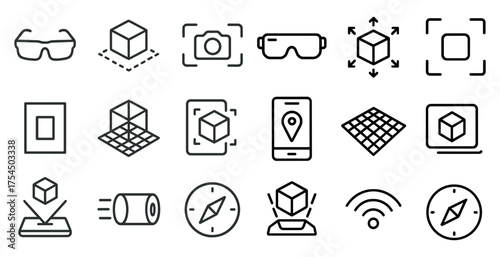 Augmented reality line icons set – outline, digital, immersive tech symbols