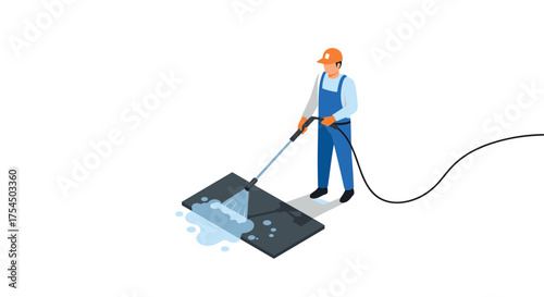 Isometric worker power washing a surface with high pressure cleaner