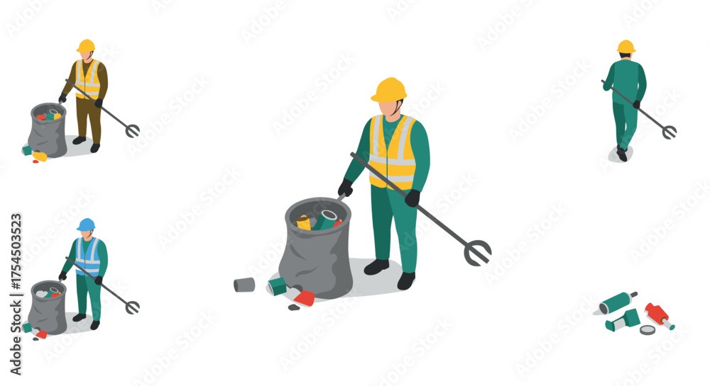 Fototapeta premium Isometric workers in safety gear collecting trash with litter pickers