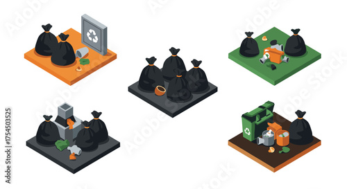 Isometric waste management garbage bags and recycling bins
