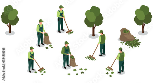 Isometric gardener cleaning leaves in park with trees and tools