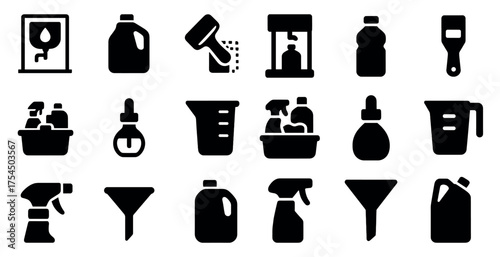 Cleaning and sanitizing solid icons set – hygiene, disinfectant, cleaning tools