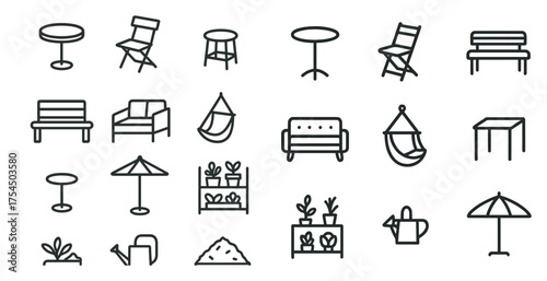 Outdoor furniture line icons set – flat, solid, garden and patio designs