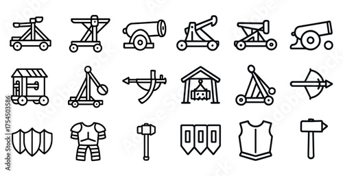 Medieval siege weapons outline icons set – linear, warfare and historical symbols