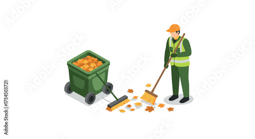 Isometric street cleaner with broom and cart collecting autumn leaves