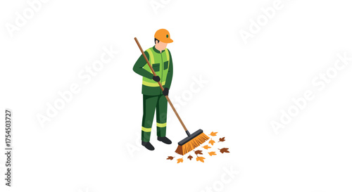 Isometric street cleaner sweeping autumn leaves in safety gear