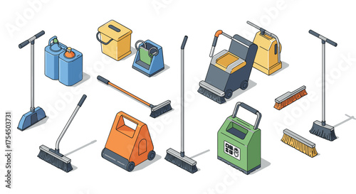Isometric cleaning equipment set with brooms, buckets, and machines