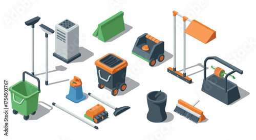 Isometric cleaning tools set with modern equipment on white background