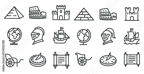 Ancient history outline icons set – historical, linear, archaeology and culture symbols