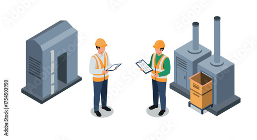 Factory workers conducting safety checks with modern technology in industrial setting
