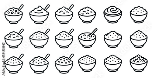 Breakfast and cereal icons set – outline, linear, food and nutrition symbols