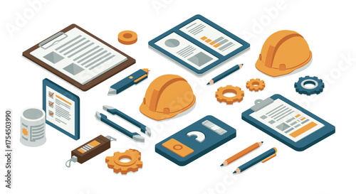 Isometric construction tools and documents with hard hats and graphics