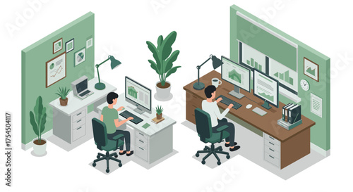 Modern office workspace isometric design with employees at desks and green decor