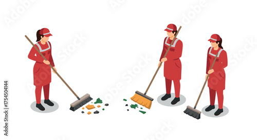Isometric workers in red uniforms sweeping debris