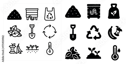 Composting and recycling solid icons set – silhouette, eco, waste management symbols