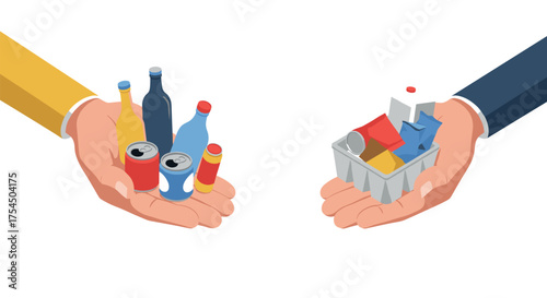 Isometric hands holding assorted bottles and recyclables on a white background